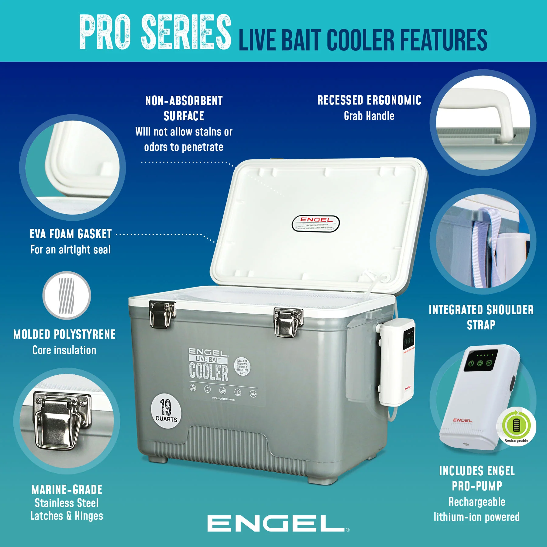 Engel 19Qt Live bait Pro Cooler with AP3 Rechargeable Aerator & Stainless Hardware - Image 3