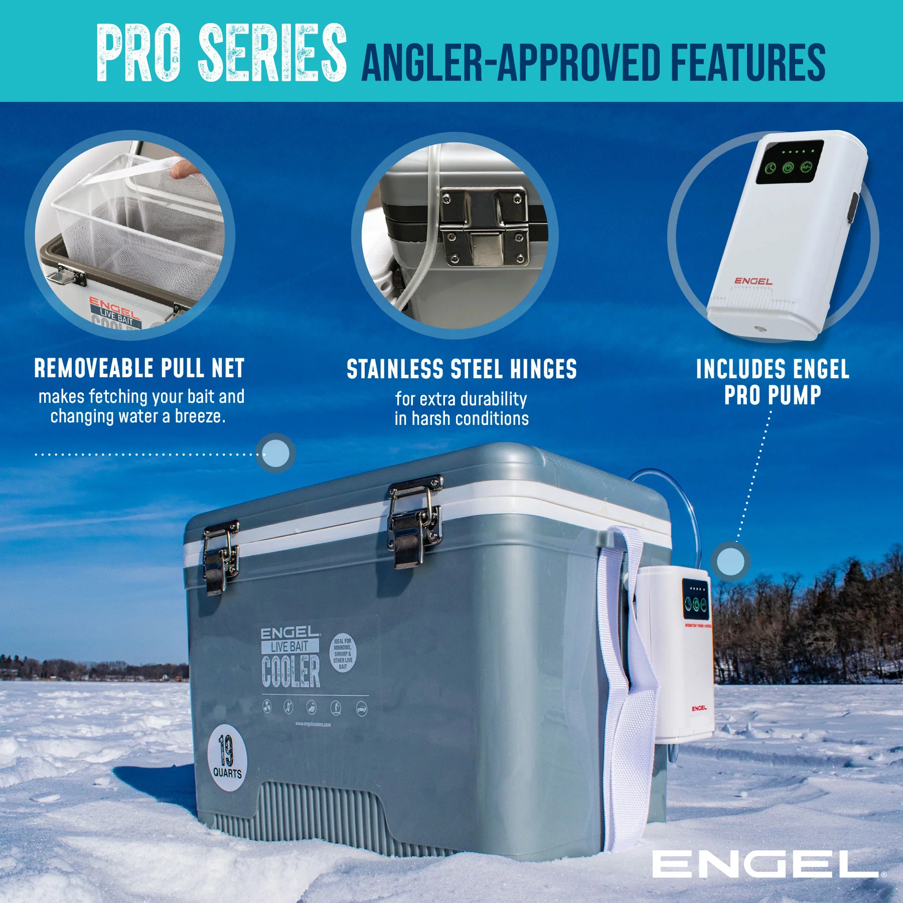 Engel 30Qt Live bait Pro Cooler with AP4 XL Rechargeable Aerator, Rod Holders & Stainless Hardware - Image 5